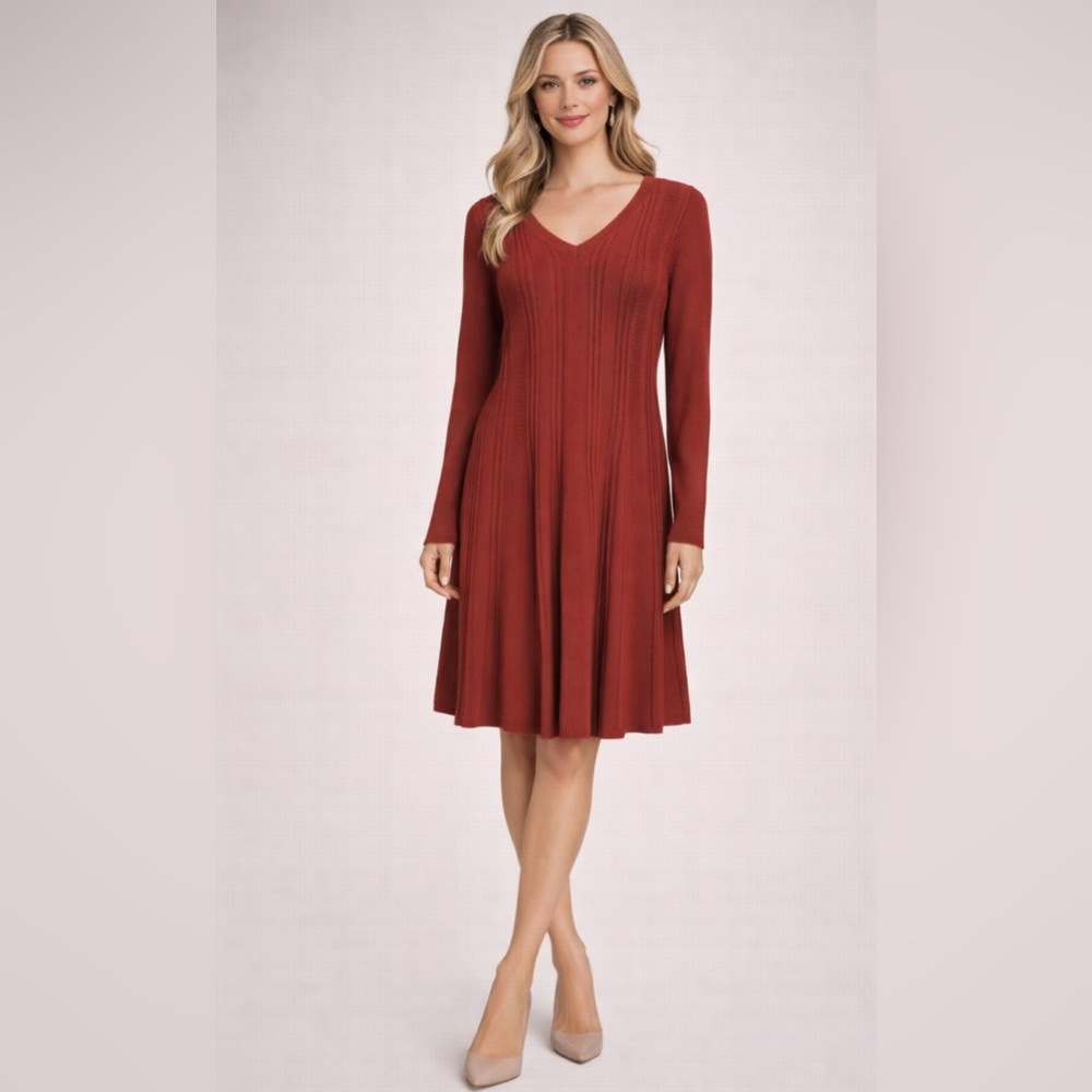 Max Studio Knit Dress XL Dark Red A Line Textured Cotton Long Sleeve Washable
